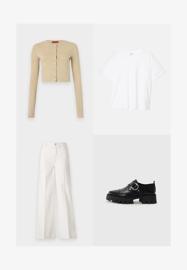 Cardigan corto beige realizzato in materiale morbido, con collo rotondo, maniche lunghe e una fila di sei bottoni sulla parte anteriore.; T-shirt bianco in cotone con maniche corte, scollo rotondo, vestibilità comoda e orlo cucito. Etichetta visibile all'interno del colletto.; Pantaloni bianchi a gamba larga realizzati in cotone con una texture liscia. Presentano un bottone anteriore, una zip e un design a quattro tasche.; Scarpe in pelle nera con suola spessa e rigata, dotate di un accento in metallo argentato a forma circolare e dettagli di cucitura minimal.