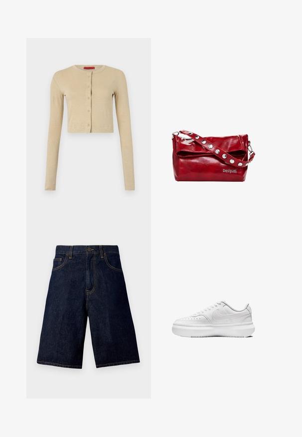 Cárdigan corto beige hecho de material suave, con cuello redondo, mangas largas y una línea de seis botones en la parte delantera.; Camiseta blanca de algodón con cuello redondo, mangas cortas y un logotipo de Nike en negro impreso en el centro del pecho. Diseño simple y clásico.; Pantalones cortos de mezclilla azul oscuro con corte recto, que cuentan con un diseño clásico de cinco bolsillos y costuras doradas en contraste.; Zapatillas blancas con parte superior de cuero liso, puntera redonda, detalles perforados y suela de goma blanca gruesa. Presenta el logotipo en el lateral y cordones planos.; Bolso de hombro de piel sintética roja con solapa plegable, detalles de broche plateado en la correa y un logotipo impreso de "Desigual".