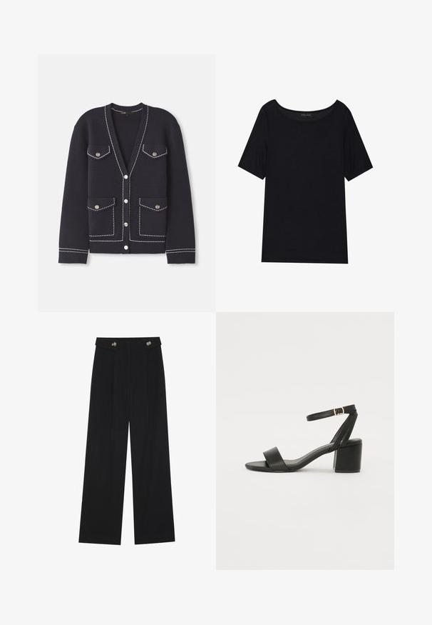Marineblå cardigan laget av myk strikket stoff med kontrasterende hvite sømmer, med to frontlommer og runde sølvknapper.; Svart kortermet T-skjorte med bred hals. Laget av mykt, lett stoff. Enkel design uten mønstre eller detaljer.; Svart vide bukser med høy midje, knappdetaljer på midjebåndet og frontplisser.; Sorte hælede sandaler med en glat læderoverdel, åben tå, brede frontstropper og justerbar ankelstrop med en gold spænde detalje.