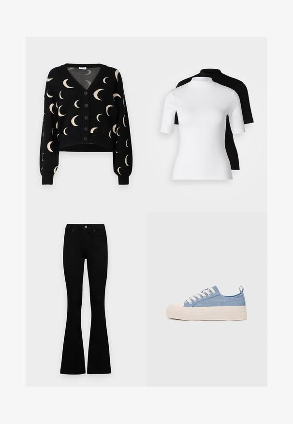 Noisy May NMCHARLOTT V-NECK CARDIGAN - Kardigán - black; Két darabból álló, testhezálló garbó felső szett fehér és fekete színben. Rövid ujjú, sima pamut anyagból készült, szorosan illeszkedő fazonnal. Nincsenek minták vagy grafikák.; Fekete, magas derekú farmernadrág gomb- és cipzárzárral, elülső zsebekkel és harangszárral, laposan egy fehér háttérre terítve.; Világoskék vászon sportcipők, krémszínű gumitippel és talppal, fehér fűzőkkel és egy húzófüllel a sarkán.