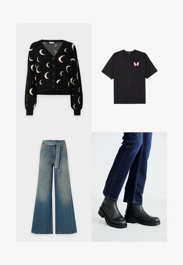 Noisy May NMCHARLOTT V-NECK CARDIGAN - Cardigan - black; Black cotton t-shirt with short sleeves, featuring a small pink butterfly graphic on the left chest. Crew neck design with a relaxed fit.; Wide-leg denim trousers featuring a light to dark blue gradient, high waist, belt loops, and a matching fabric belt. Textured denim finish.; Black leather ankle boots with a chunky sole and side elastic panels, paired with dark blue jeans. The ground is light-colored.