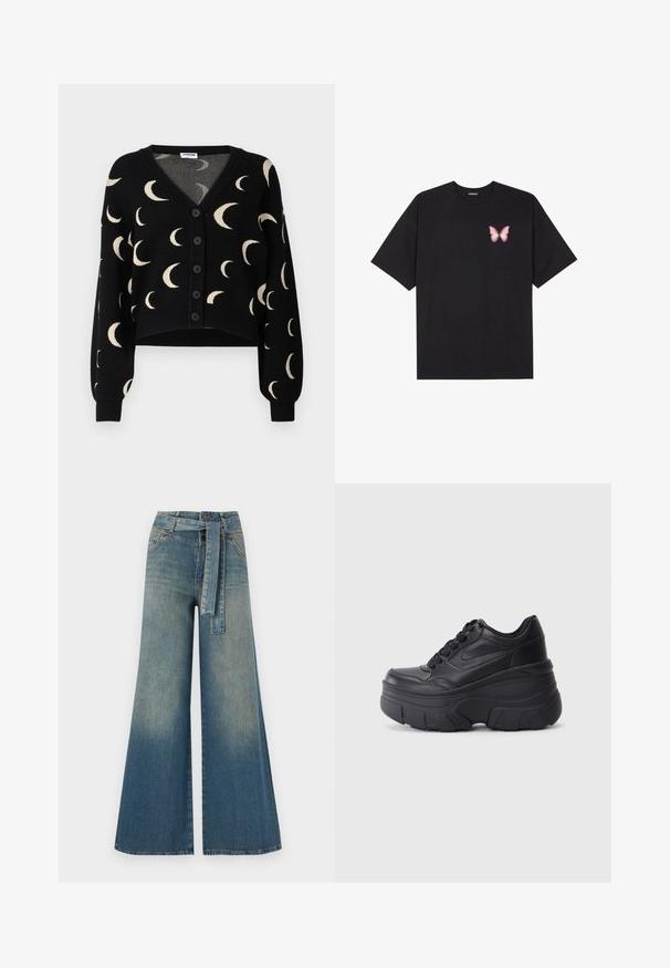 Noisy May NMCHARLOTT V-NECK CARDIGAN - Casaco de malha - black; T-shirt de algodão preto com mangas curtas, apresentando um pequeno gráfico de borboleta rosa no lado esquerdo do peito. Design de gola redonda com um corte solto.; Calças de ganga de perna larga com um gradiente de azul claro a escuro, cintura alta, passantes para cinto e um cinto de tecido a condizer. Acabamento em ganga texturizada.; Ténis pretos com atacadores e sola robusta, apresentando um cabedal em couro liso, bico arredondado e um design de plataforma em camadas distinto.