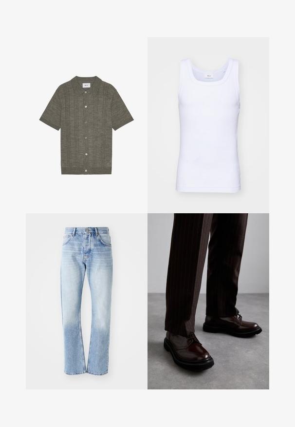 Kortärmad skjorta i mörkgrön, med krage, knappstängning fram, vertikal ribbad struktur och rak fåll.; Vit bomullslångärmad tanktop med rund halsringning, med en slät yta och en figurnära passform, designad för avslappnad användning.; Ljusblå denimjeans med rak benform. Har en femficksdesign, knappgylf och blekt utseende mot botten.; Bruna läder snörskor med en glänsande yta, svart gummisula och subtila sömmar. Matchas med bruna byxor med ränder.