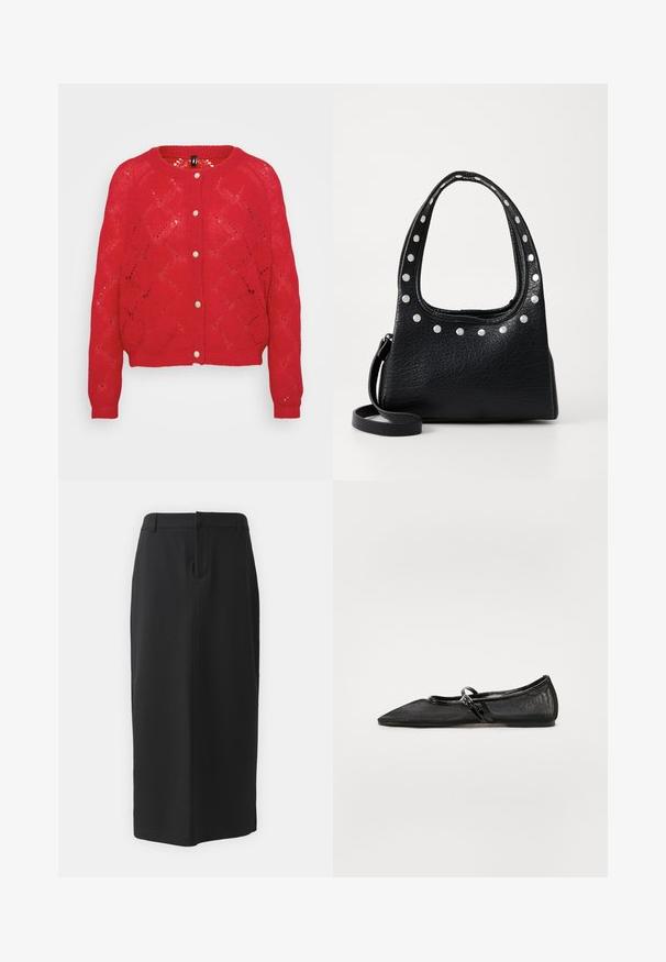 Czerwony, dziany kardigan z wzorem w diamenty, okrągłym dekoltem oraz pięcioma guzikami z tkaniny z przodu. Długie rękawy z prążkowanymi mankietami.; Czarny bezrękawnik wykonany z gładkiego, elastycznego materiału o dopasowanym kroju, z wysokim wycięciem nogawki i minimalistycznym stylem.; Czarna spódnica ołówkowa, do kolan, wykonana z gładkiego materiału. Ma rozcięcie z tyłu i boczne kieszenie, o prostym kroju i neutralnym kolorze.; Czarne płaskie buty z ostrym noskiem, siateczkową górą i akcentami z lakierowanej skóry. Posiada cienki pasek z okrąłym detalem sprzętowym.; Czarna torebka skórzana o teksturowanej powierzchni, ozdobiona srebrnymi ćwiekami na górnej krawędzi oraz uchwytach. Posiada krótki uchwyt i odczepiany pasek.; Srebrny kolczyk w kształcie koła z polerowanym wykończeniem, z małymi złotymi akcentami, noszony na płatku ucha.