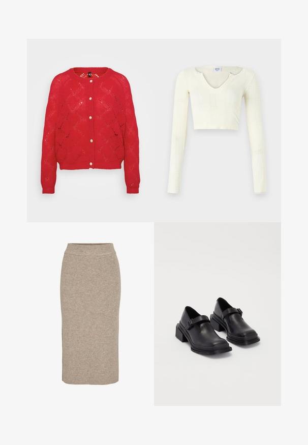Punane kudumiskardigan, millel on teemantmuster, ümmargune kaelus ja viis kangast nööpi esiküljel. Pikad varrukad ribatud mansettidega.; Kreemjas trikotaažist lühike topp. Pikad varrukad, millel on ribakujuline tekstiil ja väikesed lõikeavad kaeluse ümber.; Kootud pliiatsiseelik heledas beežis, ebatavalise kude tekstuuriga, kõrge vöökoht ja kitsas figuur. Hem jõuab põlvest allapoole.; Mustad mustad jalanõud ümmarguse varbaga, tasase tallaga ja kinnitusega rihmaga, millel on pandla detail. Suure plokknina, mis tagab lisastabiilsuse.