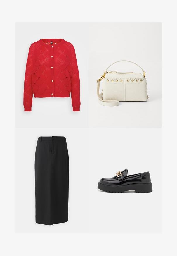 Červený pletený kardigán s diamantovým vzorom, okrúhlym výstrihom a piatimi látkovými gombíkmi vpredu. Dlhé rukávy s rebrovanými manžetami.; Even&Odd Petite 2 PACK - Top - light grey/black; Čierna ceruzková sukňa po kolená, vyrobená z hladkej látky. Obsahuje rozparok na zadnej strane a bočné vrecká, má jednoduchý dizajn a neutrálne farby.; Čierne lakované kožené mokasíny s masívnou čiernou podošvou a zlatými detailmi. Hladká textura a design so zaoblenou špičkou.; Biela kabelka z imitácie kože s vrchným zipsom, krátkym uchom a odnímateľným crossbody popruhom so zlatými kovovými detailmi. Bočné šnurovanie.; Strieborná kruhová náušnica s lesklým povrchom, obsahujúca malé zlaté akcenty a okrúhly tvar, nosená na lalôčiku ucha.