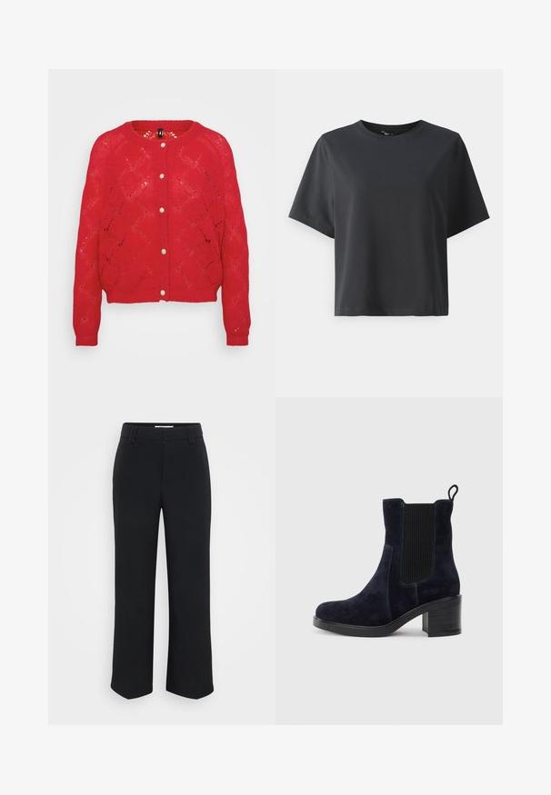 Sarkana adīta džemperis ar dimanta rakstu, apaļu izgriezumu un pieciem auduma pogām priekšā. Garas piedurknes ar ribotām aprocēm.; Melnas kokvilnas t-krekls, īsām piedurknēm, apaļš kakls, brīvs piegriezums, gluda tekstūra, vienkāršs dizains, bez rakstiem vai akcentiem.; Melnas platās bikses ar gludu tekstūru, ar platu jostasvietu un sānu kabatām, veidotas minimalistiskā estētikā.; Jūras zilas zamšādas potītes zābaki ar elastīgu sānu paneļu, noapaļotu purngalu un bloku papēdi. Tekstūrizēta auduma un gludas zoles salīdzinājums.