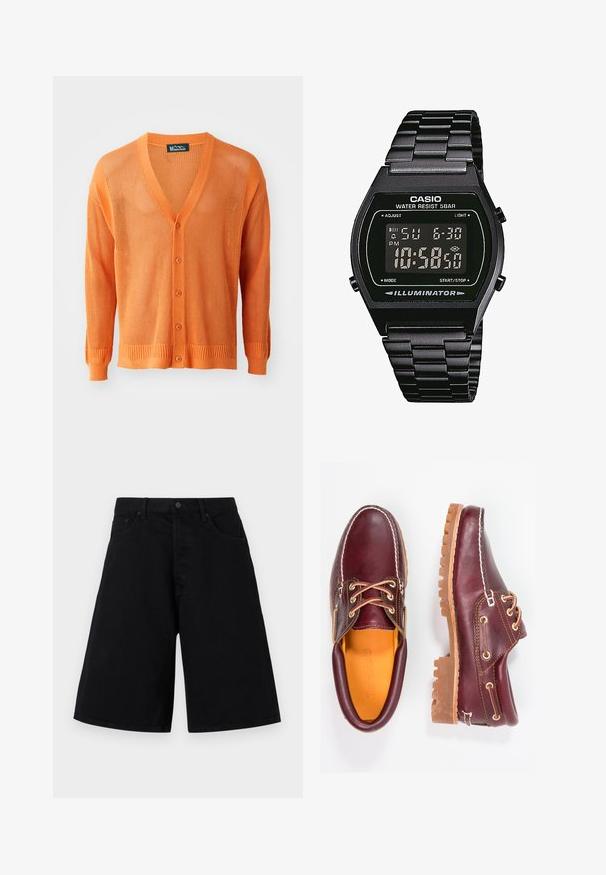 Gehaakte oranje cardigan met V-hals, knopenfront, lange mouwen en ribgebreide manchetten en zoom. De textuur is opengeweven.; Kortom gestructureerd shirt met korte mouwen in beige en bruin, met een button-down kraag, een opgestikte zak en een relaxte pasvorm met een ruitpatroon.; Zwarte denim shorts met een ontspannen pasvorm, voorzien van een klassieke vijf-pocket ontwerp en knoopsluiting, een gladde textuur en rechte pijpen.; Bordeaux leren schoenen met bruine rubberen zolen, ronde neus, witte stiksels en gouden veterogen. Het interieur heeft een gele voering.; Digitale polshorloge met een zwarte roestvrijstalen band, vierkant zwart display, witte cijfers, waterbestendig tot 5 bar, en een verlichtingsfunctie.
