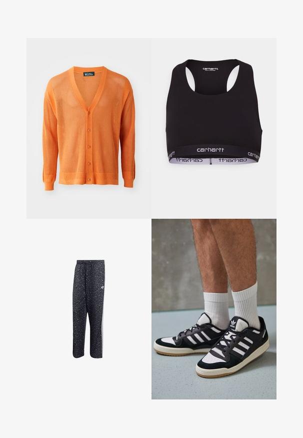 Kudottu oranssi neulejakku, jossa on V-pääntie, napit edessä, pitkät hihat sekä ribsatut hihansuut ja helma. Kankaan rakenne on avorahdistettu.; Musta urheiluliivi, jossa on pyöreä pääntie ja urheilusatula-mallinen selkäosa. Varustettu vahvistetulla vyötäröllä, jossa on valkoinen "carhartt"-brändäys. Pehmeä kangas.; Mustat urheiluhousut, joissa on leopardikuosiset yksityiskohdat, valkoiset kolme viivaa -design ja urheilumerkin logo sivussa.; Valkoiset ja mustat tennarit, joissa on mokkanahka- ja nahkapäällinen, kolme valkoista raitaa, rei'itetty kärki ja kumipohja.
