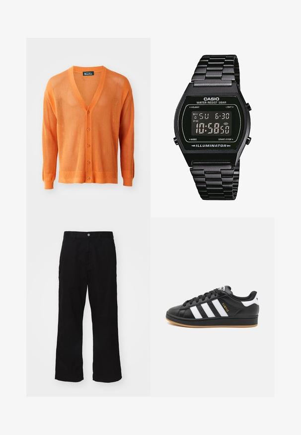 Gehaakte oranje cardigan met V-hals, knopenfront, lange mouwen en ribgebreide manchetten en zoom. De textuur is opengeweven.; Drie witte geribde tanktops van katoen. Kenmerken zijn een ronde hals en kleine zwarte labels nabij de zoom. Verkrijgbaar in meerdere maten.; Zwarte wijde broek gemaakt van een katoenmix, met een knoopsluiting en een recht model met minimaal zichtbare stiksels.; Zwarte sneaker met witte strepen. Beschikt over een textuur leren bovenkant, vetersluiting en een gumrubberen buitenzool. "Campus" logo in goud.; Digitale polshorloge met een zwarte roestvrijstalen band, vierkant zwart display, witte cijfers, waterbestendig tot 5 bar, en een verlichtingsfunctie.; Metalen ketting met uitgestrekte schakels in een donkere gunmetalkleur. Bevat een geometrische accent en sluiting met merkdetail.