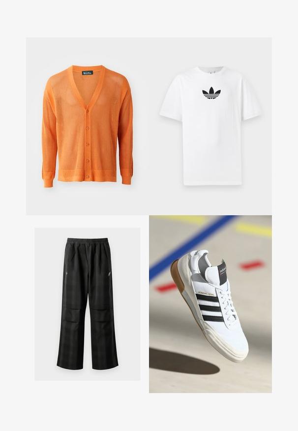 Gehaakte oranje cardigan met V-hals, knopenfront, lange mouwen en ribgebreide manchetten en zoom. De textuur is opengeweven.; Witte katoenen T-shirt met een zwart Adidas-logo in het midden. Korte mouwen en een ronde hals. Gladde textuur.; Zwarte geruite broek met een elastische tailleband, twee voorzakken en een losse pasvorm met een rechte pijpdesign. Gemaakt van lichtgewicht materiaal.; Witte Adidas Mundial Goal sneakers met zwarte strepen en gumzool, midden in de lucht boven een sportvloer met gekleurde lijnen.