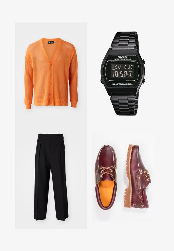 Gehaakte oranje cardigan met V-hals, knopenfront, lange mouwen en ribgebreide manchetten en zoom. De textuur is opengeweven.; Grijze polo met lange mouwen, gemaakt van een zachte stof, met een klassieke kraag en een drieknoopsluiting aan de voorkant.; Zwarte geplooide broeken met een rechte, brede pijpontwerp. Gemaakt van soepele stof, met een knoopsluiting en riemlussen.; Bordeaux leren schoenen met bruine rubberen zolen, ronde neus, witte stiksels en gouden veterogen. Het interieur heeft een gele voering.; Digitale polshorloge met een zwarte roestvrijstalen band, vierkant zwart display, witte cijfers, waterbestendig tot 5 bar, en een verlichtingsfunctie.
