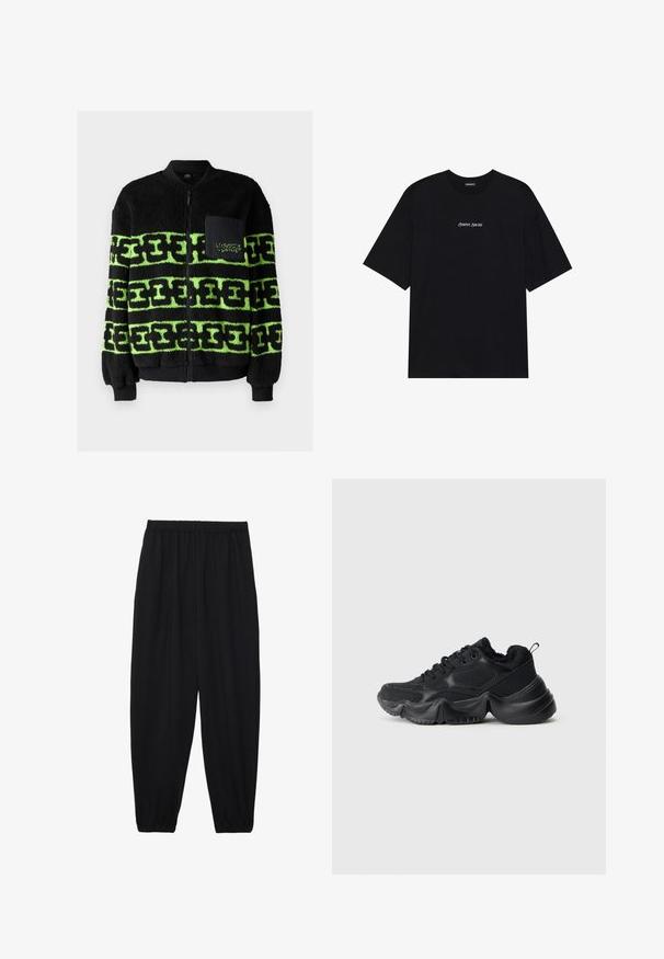 Juodas fliso džemperis su žaliu grafiniu raštu, užtrauktuku, įaudžiamomis rankovėmis ir priekinėmis kišenėmis su siuvinėtomis detalėmis.; Juodas medvilninis trikotažas su laisvu dizainu. Yra trumpomis rankovėmis ir apvaliu kaklu. Tekstas "Teigiamas Nuoširdus" baltu spalva centravimas priekyje.; Juodi, lengvi kelnių su elastinga juosmens juosta ir surinktais kulkšniais. Audinys yra lygus ir turi atsipalaidavusį, siaurėjantį dizainą.; Juodi sportbačiai, pagaminti iš lygios ir tekstūruotos medžiagos, su storomis padangomis, apvalia forma ir dekoratyvine siūle. Yra minkštas, pūkuotas kraštas.