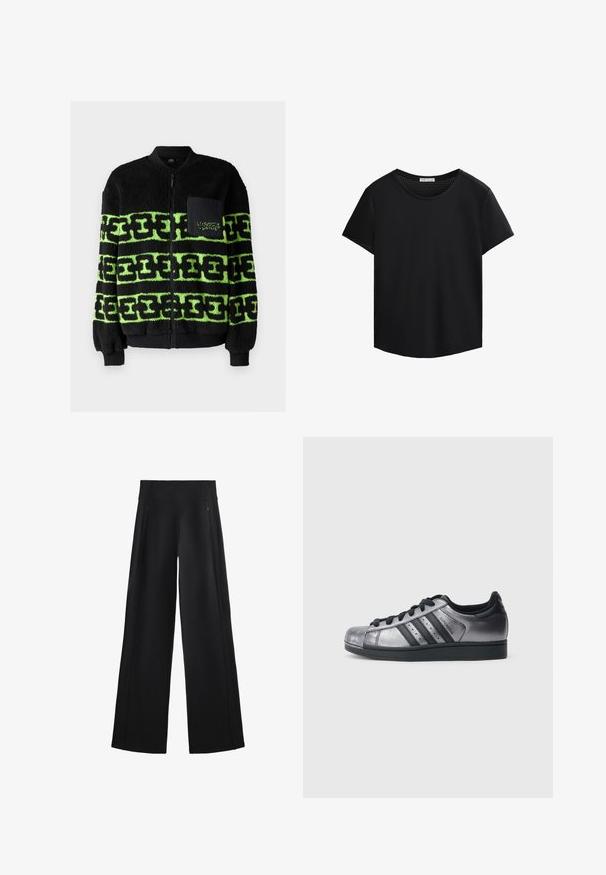 Czarna polarowa kurtka z zielonym wzorem graficznym, z zamkiem błyskawicznym, ściągaczami na mankietach oraz przednią kieszenią z haftem.; Czarna koszulka z krótkim rękawem, okrągłym dekoltem i perforowanymi detalami z siateczki na ramionach. Gładki materiał, luźny krój, zaokrąglony brzeg.; Szerokie czarne spodnie wykonane z miękkiego materiału, z wysokim stanem i dwoma zapinanymi na zamek kieszeniami, z delikatnymi szwami po bokach.; Czarne i metaliczno-srebrne buty sportowe z zaokrąglonym noskiem, trzema czarnymi paskami i teksturowaną cholewką. Czarne sznurówki i gumowa podeszwa.