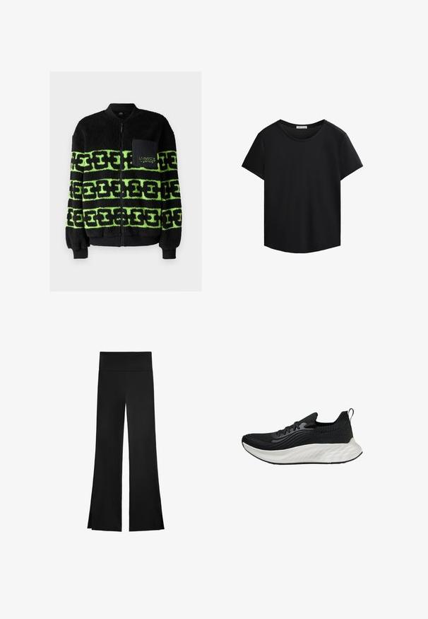 Black fleece jacket with green graphic pattern, zip closure, ribbed cuffs, and a front pocket with embroidered detail.; Black short-sleeved T-shirt with a round neckline and perforated mesh detailing on the shoulders. Smooth fabric, relaxed fit, curved hem.; Black pants with a wide-leg design, featuring a high waistband and side slits for ease of movement. Made from a smooth, stretchy fabric.; Black athletic shoe with a textured upper, a white cushioned sole, and subtle branding. Features a pull tab and lace-up closure.