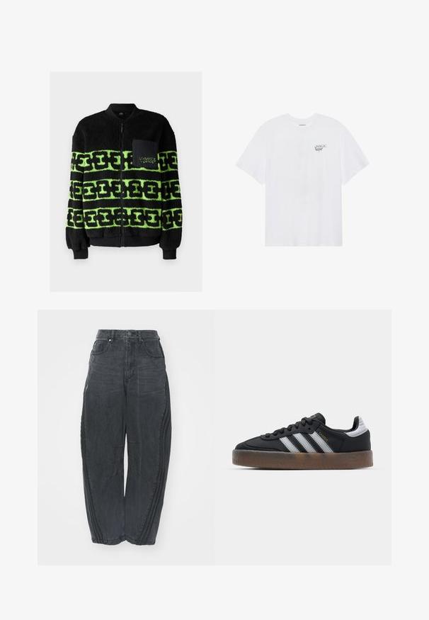 Veste en polaire noire avec un motif graphique vert, fermeture éclair, poignets côtelés et une poche avant avec un détail brodé.; Even&Odd T-shirt imprimé - white; Jean en denim noir ample avec une finition délavée, cinq poches, une fermeture par bouton à la taille et des coutures sur le devant et sur les côtés.; Baskets noires au design élégant, avec trois rayures blanches, une languette noire et une semelle en caoutchouc texturée marron. Accents de lettrage doré.