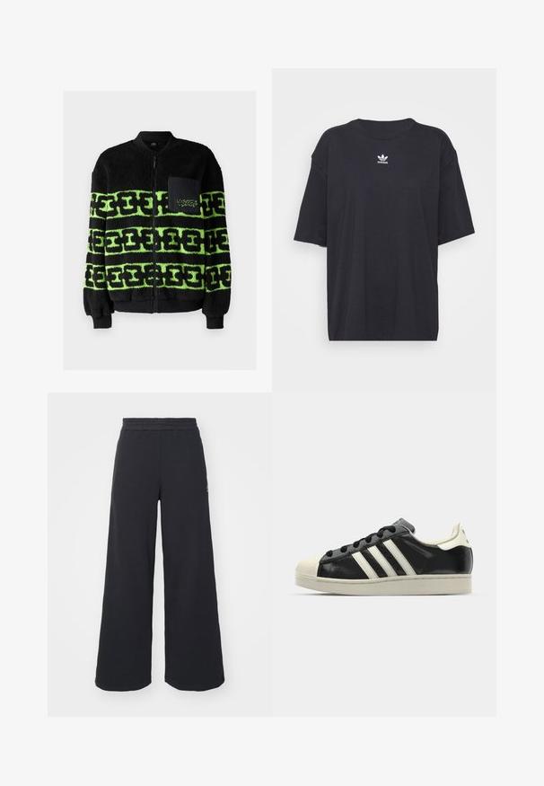 Jachetă neagră din fleece cu un model grafic verde, închidere cu fermoar, manșete ribilate și un buzunar frontal cu detaliu brodat.; Tricou din bumbac negru cu mâneci scurte, gât rotund, prezentând un logo Adidas alb pe piept. Design simplu, croi lejer.; Pantaloni de trening negri, cu picioare largi, confecționați dintr-un material moale, având un talie elastică și un logo mic pe partea stângă.; Sneaker din piele neagră cu dungi albe, vârf din cauciuc, șireturi negre și talpă de culoare crem. Textură netedă cu finisaj strălucitor.