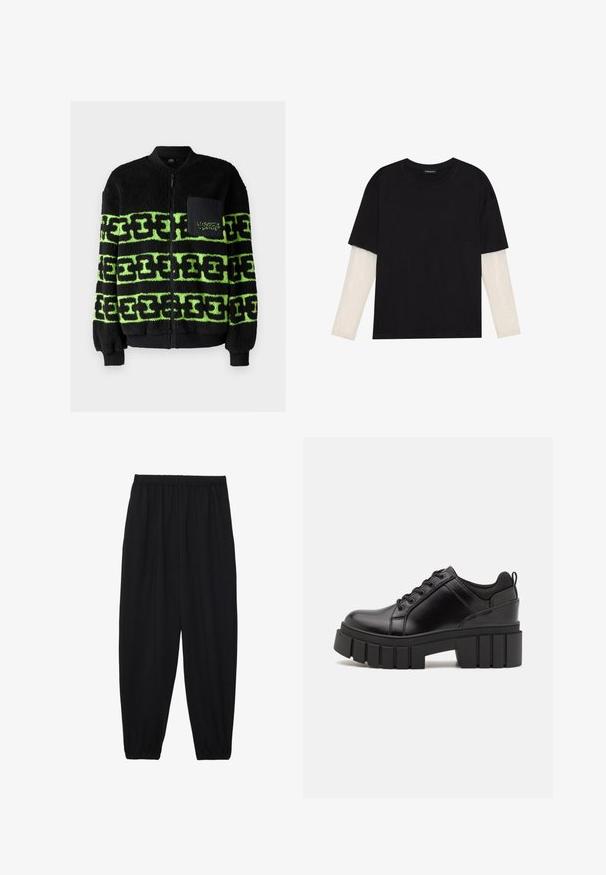 Black fleece jacket with green graphic pattern, zip closure, ribbed cuffs, and a front pocket with embroidered detail.; Black T-shirt made of cotton, featuring short sleeves over a white long-sleeve layer with a subtle textured pattern. Crew neckline design.; Black, lightweight pants with an elastic waistband and gathered ankles. The fabric is smooth and features a relaxed, tapered design.; Black leather platform shoes with a chunky block heel, round toe, and traditional lace-up design. Features smooth texture and minimal detailing.
