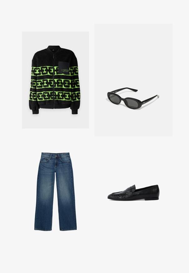 Čierna fleecová bunda so zeleným grafickým vzorom, so zipsom, rebrovanými manžetami a prednou kapsou s vyšívaným detailom.; Čierny dres s krátkymi rukávmi a bielymi pruhmi, má vyšitú číslicu "10" a " + TEAMGEIST " vpredu. Vyrobený z mäkkého a priedušného materiálu.; Modré džínsy s širokými nohavicami, ktoré sú po umytí vybledlé, majú dizajn s piatimi vreckami a kontrastným prešitím. Zapínajú sa na gombík a zips.; Čierne kožené poltopánky s okrúhlym špičkou, so šitím na prednej strane a plochou podrážkou. Minimalistický dizajn s nenápadným logom.; Čierne slnečné okuliare s oválnymi šošovkami, lesklý plastový rám a štíhle ramienka. Na boku majú biele logo Ray-Ban.