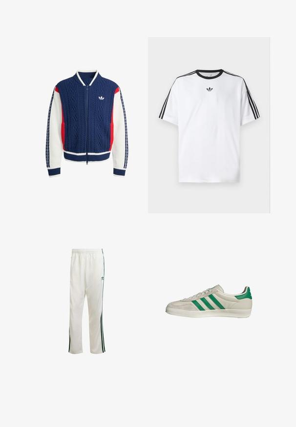 Giacca con zip a maglia di colore blu navy, bianco e rosso, con motivo a treccia, colletto e polsini a coste, e logo Adidas sul petto.; Maglietta bianca in cotone, con scollatura rotonda nera e tre strisce nere su ciascuna spalla. Piccolo logo nero sul petto.; Pantaloni da ginnastica bianchi con strisce verdi sui lati, cintura elastica e un logo sulla parte superiore sinistra. Realizzati in tessuto leggero.; Sneaker beige con strisce verdi, con suola bianca e tomaia in pelle liscia. Vista laterale che evidenzia i dettagli dei lacci e il logo.