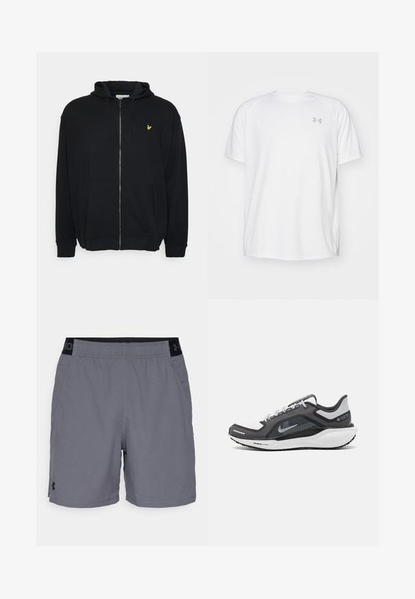 Schwarze Kapuzenjacke mit Reißverschluss aus Baumwollmischung. Verfügt über eine Fronttasche, eine Kordelzugkapuze und ein kleines gelbes Logo auf der Brust.; Weißes kurzärmeliges Sportshirt aus glattem Material. Mit Rundhalsausschnitt und grauem Logo auf der linken Brust, sowie seitlichen Schlitzen am Saum.; Graue Sportshorts aus leichtem Material, mit einem elastischen Bund und schwarzen Akzenten sowie seitlichen Taschen. Einfaches Design ohne Muster.; Schwarzer und grauer Sportschuh mit einem Mesh-Obermaterial, reflektierenden Akzenten und einer weißen Zwischensohle. Verfügt über eine strukturierte Gummisohle und Schnürsenkel.