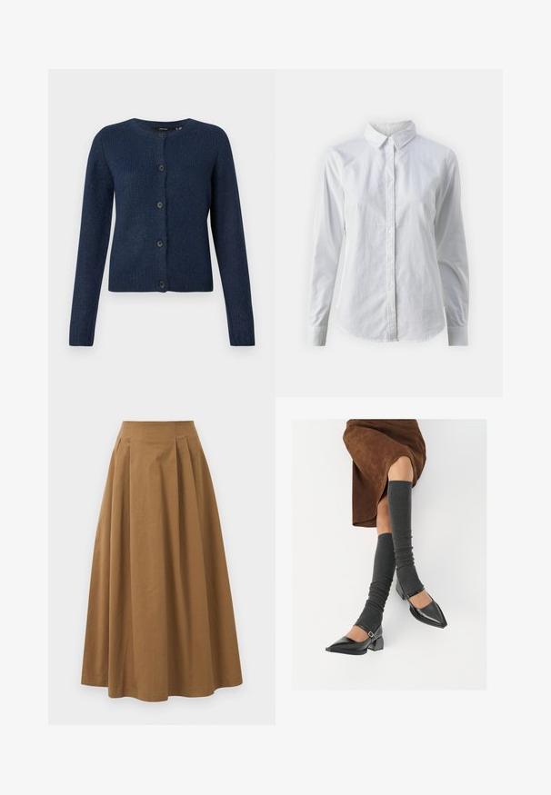 Cardigan bleumarin realizat dintr-un material moale, texturat, cu guler rotund, mâneci lungi și șase nasturi negri pe față.; Cămașă albă cu nasturi, confecționată din bumbac neted, având un guler clasic, mâneci lungi și un tiv curbat. Nasturii sunt mici și albi.; Fustă A-line din bumbac maro, cu talie înaltă, având pliseuri pe față și o textură netedă. Marginile sunt finisate curat și simplu.; Pantofi negri din piele lacuită, cu vârful ascuțit, toc bloc și curea la glezna, asortați cu jambiere gri cu nervuri și o fustă din suede maro.