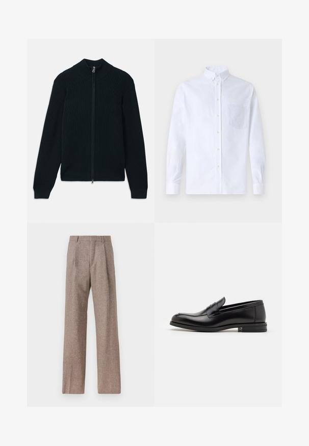 Tumma ribattu vetoketjupaita, jossa on korkea kaulus, sujuva vetoketju ja istuvat hihansuut. Valmistettu tekstuurisesta, joustavasta kankaasta.; Valkoinen pitkähihaista napillista paitaa, joka on valmistettu puuvillasta. Paita sisältää rinnan kohdalla taskun, jossa on samaa sävyä oleva brodeeraus, kauluksen sekä napilliset hihansuut.; Ruskejat, korkeavyötäröiset housut, jotka on valmistettu teksturoidusta kankaasta. Ominaisuuksina ovat leveät lahkeet ja kaksi etupuolelle ommeltua laskosta rakenteen tukemiseksi. Siisti viimeistely ilman näkyvää metalliosaa.; Mustat nahkakengät, joissa on sileä pinta, pyöreä kärki ja koristeellinen nauha jalkapöydän yli. Matala pinoitu koroke, minimalistinen muotoilu.