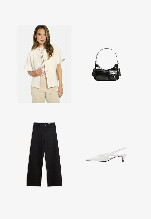 Krémový kardigan s herringbone vzorem a krátkým rukávem, se zlatými knoflíky. Nosený přes pruhovanou košili a béžové kalhoty.; Bílý dlouhý rukáv tričko vyrobené z jemného žebrovaného materiálu, s kulatým výstřihem a rovně střiženým spodním lemem. Jednoduchý, jednobarevný design.; Černé denimové kalhoty s volným střihem a vysokým pasem, vybavené předními a zadními kapsami, prošívanými švy a knoflíkovým zapínáním. Hladká textura.; Bílé slingback podpatky se špičatou špičkou, s hladkým svrškem, jemnými výřezy a nízkým blokovým podpatkem. Černá podrážka zvýrazňuje design.; Černá lakovaná kožená kabelka s křivkovým tvarem, jedním ramenním popruhem, předními kapsami a stříbrnými kovovými detaily.