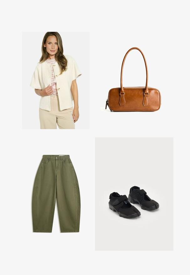 Krémový cardigan s herringbone vzorom a krátkymi rukávmi, so zlatými gombíkovými zapínaniami. Nosený cez pruhovanú košeľu a béžové nohavice.; Dlhý rukáv, tričko s okrúhlym výstrihom v krémovej farbe s horizontálnymi vínovými pruhmi, s voľným strihom a jemnou, hladkou štruktúrou tkaniny.; Olive zelené nohavice s širokými nohavicami vyrobené z bavlny, s vysokým pásom, prednými vreckami a hladkou textúrou. Bez ozdôb alebo vzorov.; Čierne vodné topánky vyrobené z flexibilného materiálu s suchým zipsom, ktoré majú jedinečný dizajn s rozdelenými prstami a textúrovanú gumovú podrážku pre lepšiu priľnavosť.; Hnedá kožená kabelka s dvoma dlhými rúčkami, obdĺžnikový tvar, hladký povrch, zips a akcenty v striebornom odtieni.