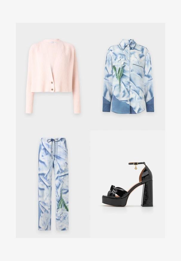Cardigan ribbed roz deschis, cu mâneci lungi, decupaj în formă de V și două nasturi maro în față. Textură moale și design cu tiv scurt.; Cămașă cu nasturi, de culoare albastru deschis, din satin, cu imprimeu floral. Dispune de un buzunar, guler ascuțit și detalii contrastante negre pe latura buzunarului.; Pantaloni cu snur, realizati dintr-un material neted, asemănător satinului, de culoare albastru deschis, cu un imprimeu floral de frunze verzi și flori albe.; Maje Sandale cu toc - noir