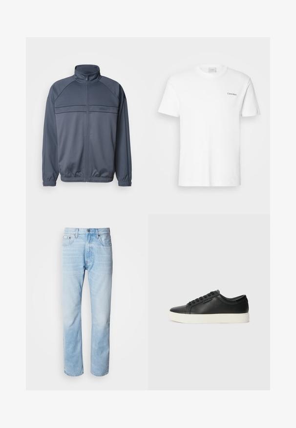 Tamsiai pilkos medvilnės su užtrauktuku striukė, turinti stovinčią apykaklę, raibotus rankogalius ir horizontalias linijas ant krūtinės.; Balta medvilnės marškinėliai su trumpomis rankovėmis ir apvaliu kaklu. Priekyje, kairiajame krūtinės šone, yra mažas juodas "Calvin Klein" logotipas.; Šviesiai mėlyni džinsai su tiesiomis kojomis, puošti išblukusių vietų, penkių kišenių dizainu ir klasikiniu mygtukų užsegimu.; Juodi odiniai sportbačiai su perforuotu paviršiumi, apvaliu pirštu ir plokščiu baltu guminiu padu. Yra juodos raišteliai ir subtili logotipo detalė šone.
