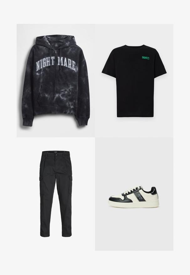 Melns džemperis ar rāvējslēdzēju, izskalots batikas stilā, ar uzrakstu "NIGHT MARE" baltā krāsā uz krūtīm, ar kapuci un priekšējo kabatu. Texturēts audums.; Melna kokvilnas t-kreka ar īsām piedurknēm. Uz priekšu ir zaļa "ROOTS" logo, apaļa kakla izgriezums un standarta piegriezums.; Melnas kravas bikses, izgatavotas no izturīga auduma, ar vairākiem kabatām, pogu aizdari un šaura piegriezuma dizainu ar sašaurinātiem kāju apakšiem.; Ādas sporta apavi ar melnbaltu krāsu shēmu, ar perforētiem akcentiem, mīkstinātu apkakli un teksturētu zoli.