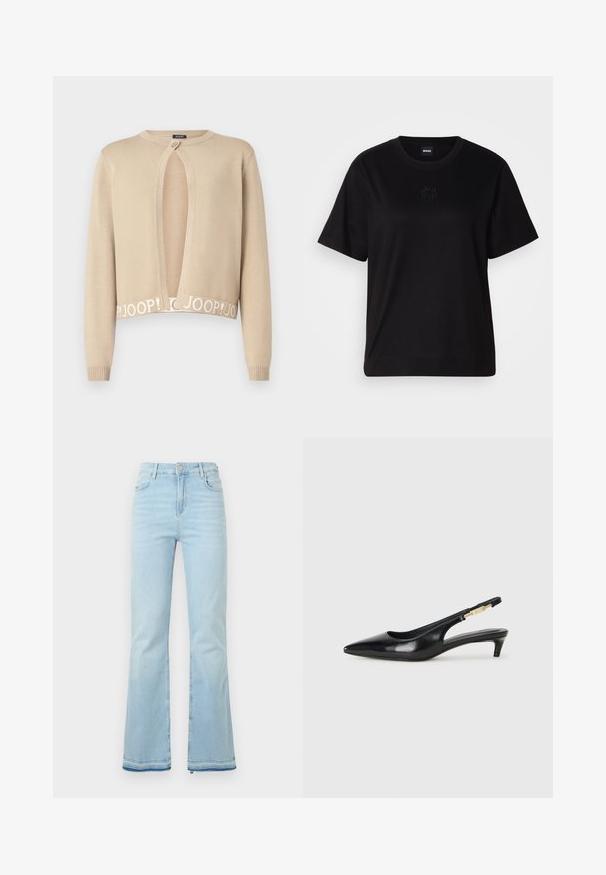 JOOP! KONA - Casaco de malha - pastel brown; T-shirt de algodão preto com decote redondo, mangas curtas e um logótipo bordado no peito. Corte simples e descontraído, sem padrões.; Jeans flare azul claro feitos de denim, com uma cintura alta, bolsos frontais e uma bainha desgastada nas bainhas para um look casual.; Saltos slingback em couro preto com bico fino, apresentando um salto esguio e um detalhe em tom dourado na alça ajustável. Textura suave.
