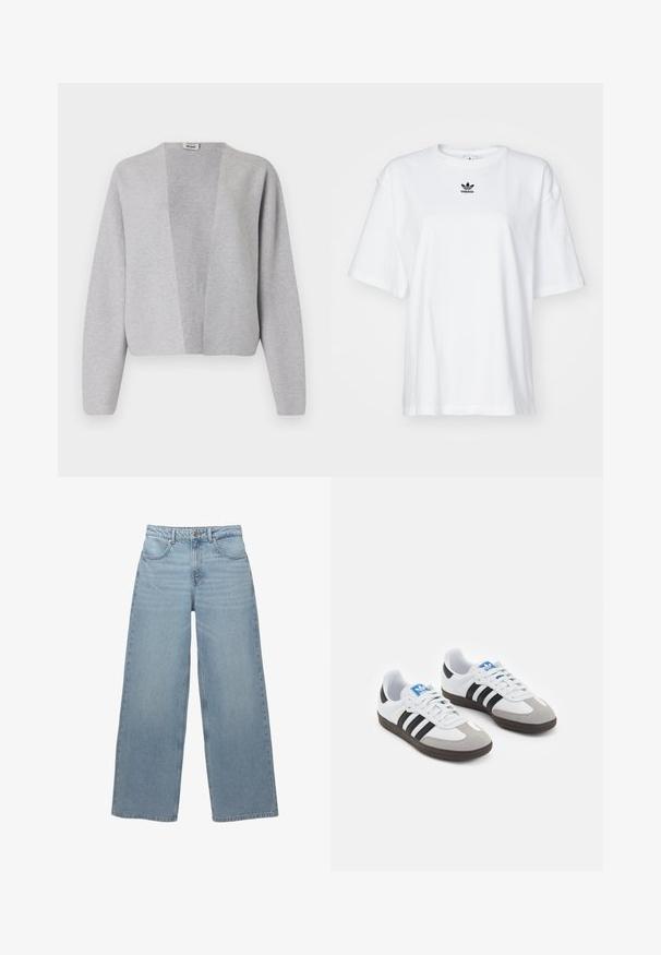 Sivý cardigan s voľným strihom, otvoreným predným dielom a dlhými rukávmi. Vyrobený z mäkkej látky, má minimalistický dizajn a hladký povrch.; Biele tričko s krátkym rukávom vyrobené z bavlny. Má okrúhly výstrih a malé čierne logo Adidas na hrudi. Priamy strih spodného lemu.; Svetlo modré široké džínsy vyrobené z bavlneného denimu, s piatimi vreckami, predným zapínaním na gombík a minimálnym obratom pozdĺž lemu.; Športové topánky s bielym koženým zvrškom, šedou semišovou špičkou a tromi čiernymi pruhmi. Obsahujú modré logo na jazyku a štruktúrovanú gumovú podrážku.