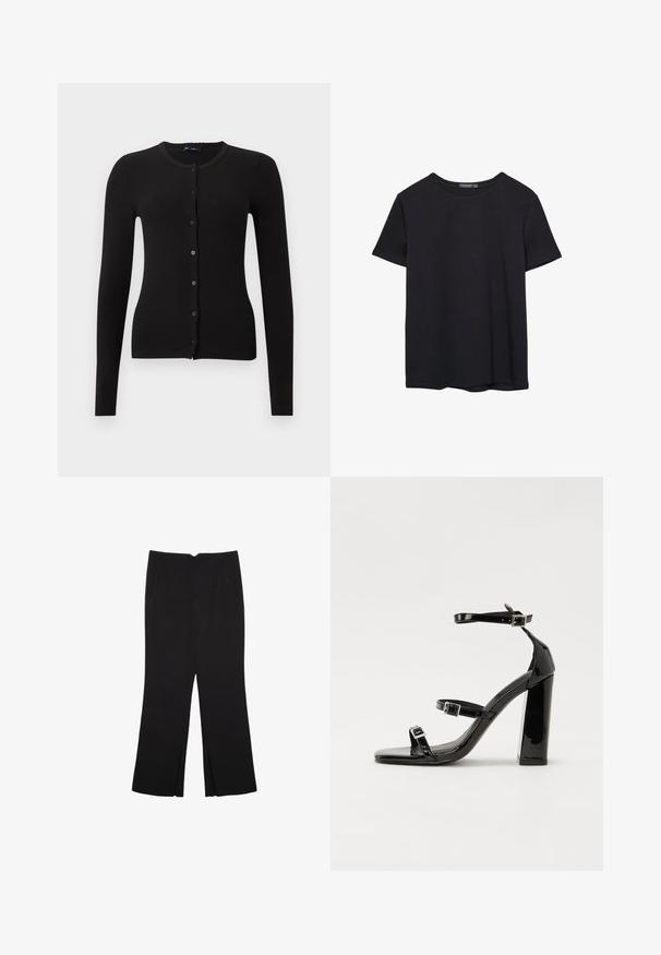 Musta ribbineuloksinen neuletakki, jossa on pitkät hihat, pyöreä kaula-aukko ja edessä napillinen kiinnitys. Yhdenmukaiset mustat napit ja vartaloa myötäilevä leikkaus.; Yksinkertainen lyhythihainen musta puuvillapaidan t-paita, jossa on pyöreä kaula-aukko, esitetty valkoisella taustalla.; Mustat housut suoralinjaisella leikkauksella, joissa on etutaskut ja sivurei'ät helman alla. Valmistettu pehmeästä ja sileästä kankaasta. Sopii eri tilaisuuksiin.; Musta kiiltävä korkokenkä sandaalit neliönmuotoisella varpaalla, nilkkaremmillä ja hopeisilla soljilla. Varustettu tukevalla lohkokorkealla vakauden takaamiseksi.