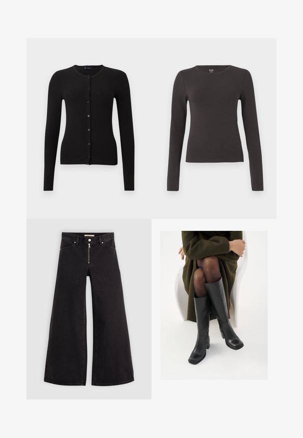 Cardigan negru cu dungi, mâneci lungi, decolteu rotund și închidere frontală cu nasturi. Prezintă nasturi negri asortați și un design cambrat.; Bluza cu mânecă lungă, din bumbac gri închis, cu decolteu rotund, design ajustat și textură fină. Fără modele sau accente vizibile.; Jeans cu picioare largi din denim negru, cu fermoar în față, design cu cinci buzunare și detalii subtile de cusătură. Textură netedă și stil casual.; Cizme din piele neagră, până la genunchi, cu vârf pătrat și toc bloc, prezentate pe un model așezat într-o haină verde măsline. Textură netedă, detalii minime.