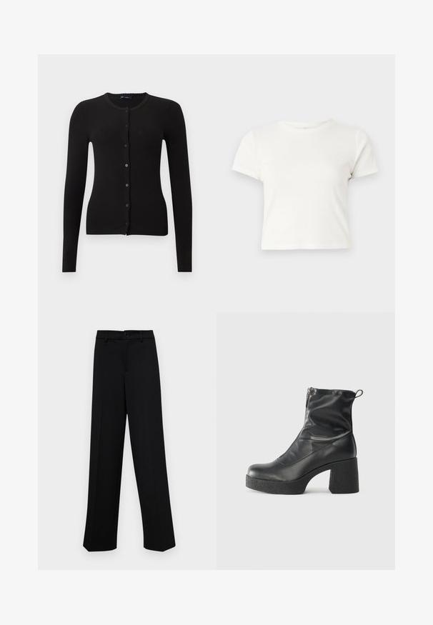 Black ribbed cardigan with long sleeves, round neckline, and front button closure. Features matching black buttons and a fitted design.; Short white t-shirt made of cotton with short sleeves, a round neckline, and a straight hem, featuring a smooth texture and minimal design.; Black wide-leg trousers made of smooth fabric, featuring a classic waistband with a button closure and front pleats.; Black ankle boots made of smooth leather, featuring a side zipper, chunky textured heel, and rounded toe design.