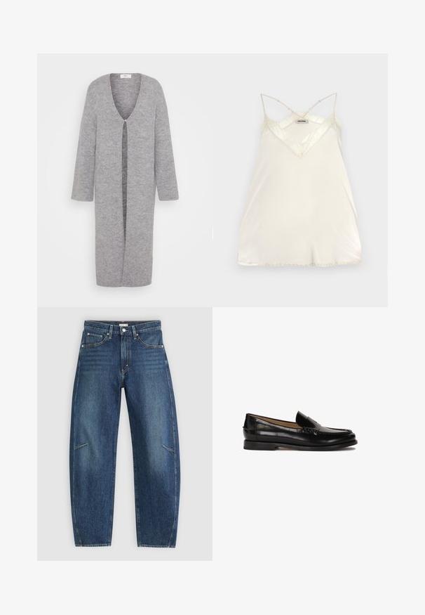 Gray knitted cardigan with a deep V-neckline, long sleeves, and a central opening. Soft texture and knee-length design.; Light cream camisole with adjustable spaghetti straps, V-neck design, and lace accents at the neckline and hem for added detail.; Dark blue denim jeans with a straight-leg design, featuring front pockets, contrast stitching, and a subtle faded texture on the legs.; Black leather loafer with a rounded toe, slip-on design, and subtle stitching details along the upper. Flat rubber sole.