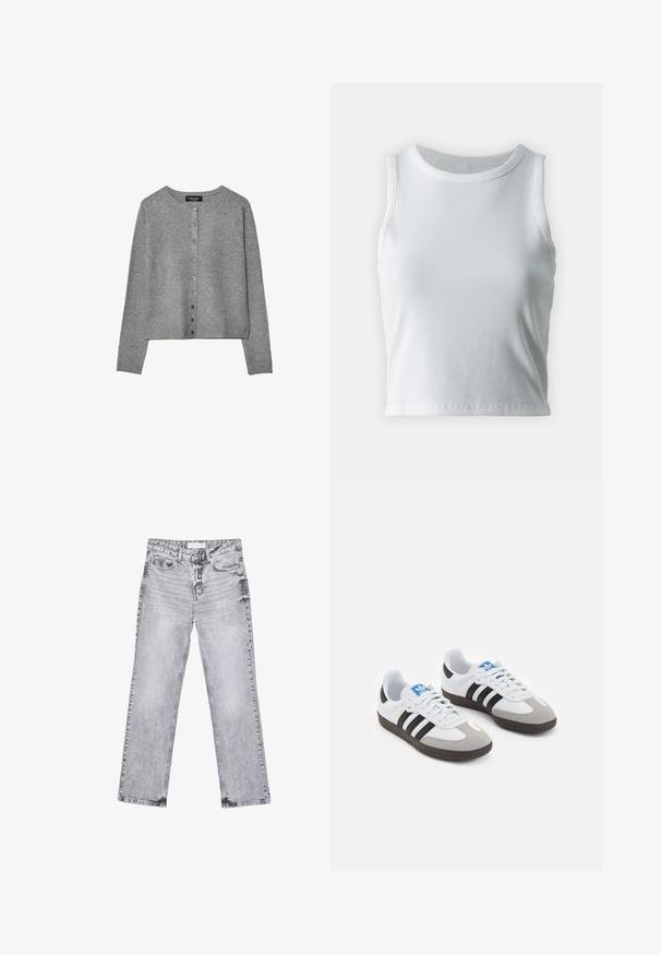 Grey long-sleeve button-up cardigan with round neckline, ribbed cuffs, and hem, displayed flat on white background.; White ribbed tank top with a round neckline and sleeveless design, featuring a straight hem and a smooth, stretchy texture.; Gray denim jeans with a straight-leg cut, distressed detailing, five pockets, and copper rivets. Waistband features a logo tag.; Sport shoes with a white leather upper, gray suede toe, and three black stripes. Features a blue logo on the tongue and a textured rubber sole.
