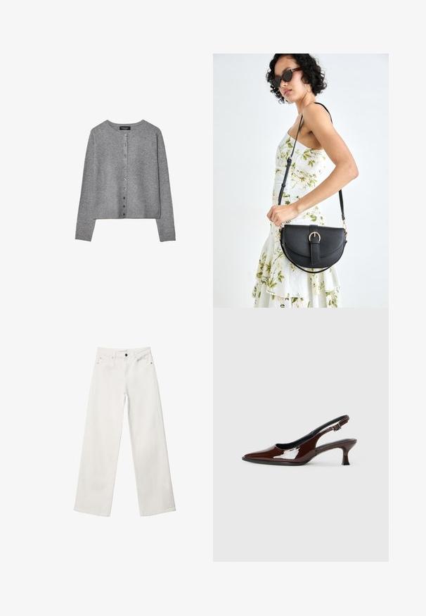 Siv dolg rokav kardigan na gumb z okroglim vratnim izrezom, ribastimi manšetami in robom, prikazan na belem ozadju.; Roza majica s kratkimi rokavi z rjavim poševnim karirastim vzorcem, okroglo ovratnik in subtilnim volančkom na ovratniku, razporejena na beli podlagi.; Beli široki trapezni kavbojke iz denima, ki imajo visok pas, dizajn s petimi žepi in kovinsko zapiranje. Gladka tekstura, brez vzorcev.; Rjavi lakirani slingback čevelj z ostro konico in zmerno peto. Ima zaponko za varno prileganje. Gladka tekstura.; Črna usnjena torbica s ukrivljeno obliko, z odstranljivo naramnico in zlatimi dodatki. Torbica ima pokrov s podrobnostmi v obliki zaponke.