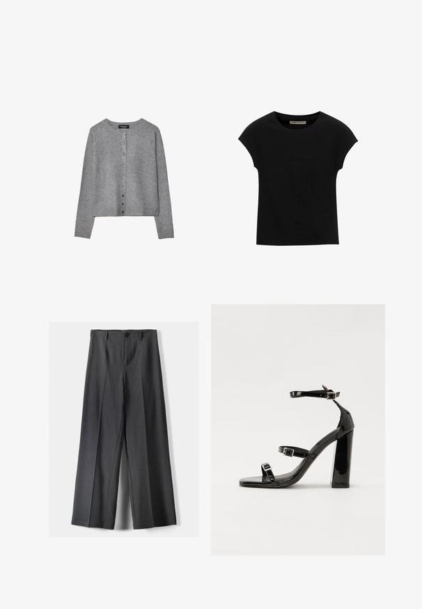 Sivý dlhý rukáv cardigan na gombíky s okrúhlym výstrihom, rebrovanými manžetami a lemom, vystavený v plochom na bielom pozadí.; Čierne tričko s krátkym rukávom vyrobené z mäkkého materiálu, s okrúhlym výstrihom a voľným strihom, s hladkou textúrou a bez vzorov.; Široké nohavice z tmavosivej látky, ktoré majú gombíkový uzáver, predné skladanie a pútka na opasok. Hladká textúra s elegnatným strihom.; Čierne lakované sandále na podpätku so štvorcovou špičkou, navlečenými remienkami okolo členku a striebornými prackami. Disponujú masívnym blokovým podpätkom pre stabilitu.