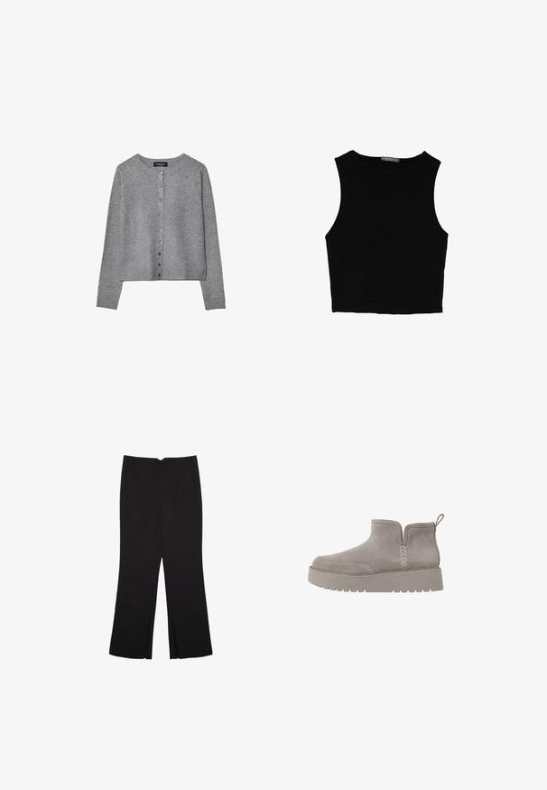 Grå langærmet cardigan med knaplukning og rund hals, med ribbede ærmer og kant, vist fladt på hvid baggrund.; Sort ærmeløs crop top lavet af glat stof, med rund hals og et rent, enkelt design uden mønstre eller hardware.; Sorte bukser med lige pasform, der har frontlommer og slidser i kanten. Lavet af blødt, glat stof. Velegnet til forskellige anledninger.; Grå ruskind ankelstøvle med lav profil, elastiske sidepaneler og en tekstureret gummisål. Har en løkke til nem påtagning.