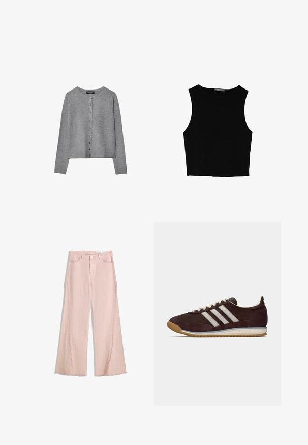 Grå långärmad knapplistad cardigan med rund halsringning, ribbade manschetter och nederkant, uppvisad på en vit bakgrund.; Svart ärmlös crop top i mjukt tyg, med rund hals och en ren, enkel design utan mönster eller detaljer.; Ljust rosa vida jeans med en texturerad finish, fransig fåll och design med fem fickor. Har en knappstängning och bältesslingor.; Lågprofil mörk burgundy Adidas sneakrar med vita ränder, krämfärgade snören och gummisula, sidovy på enkel bakgrund.
