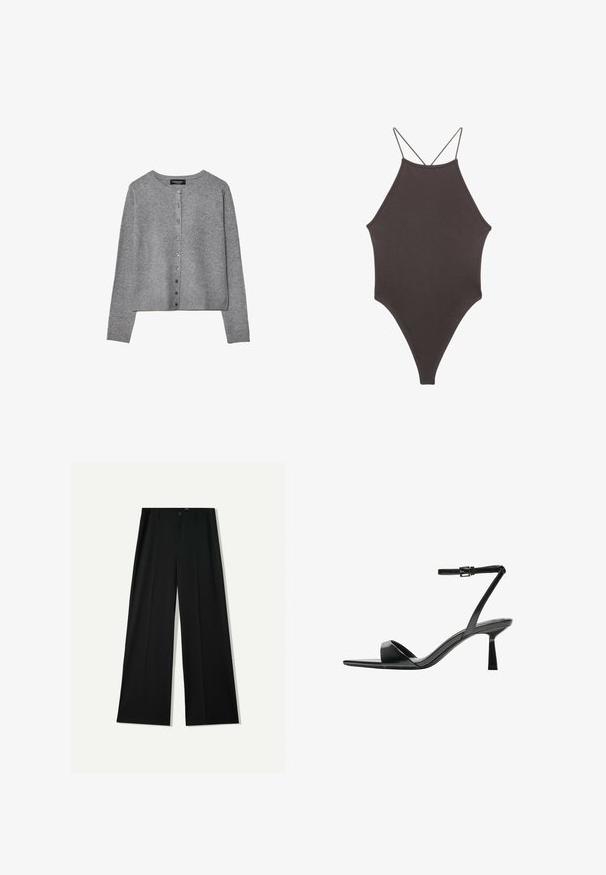 Harmaa pitkähihaisen nappikauluksellinen villatakki, jossa on pyöreä kaula-aukko, ribbireunukset hihoissa ja helmassa, esitetty tasaisesti valkoisella taustalla.; Ruskea, korkeakauluksinen yksiosainen uimapuku, jossa on ohuet, säädettävät hihnat; siinä on korkea lahje ja sileä tekstuuri. Ei kuvioita tai koristeita.; Bershka WIDE - Housut - black; Bershka Korolliset sandaalit - black