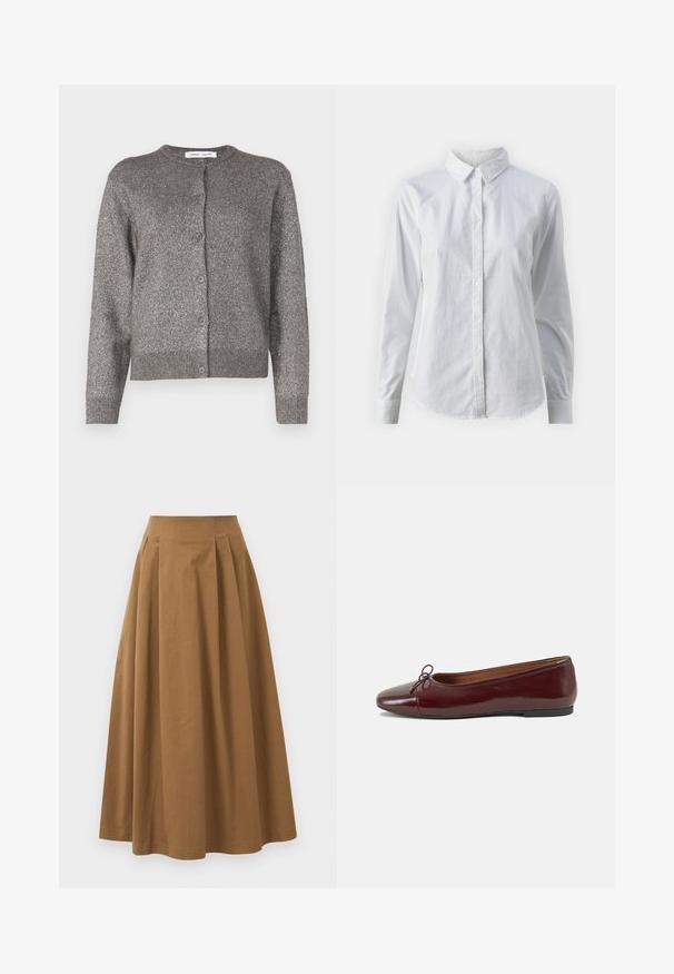 Cardigan grigio metallico con scollatura tonda, chiusura con bottoni, maniche lunghe, orlo a coste e finitura in tessuto texture.; Camicia bianca con bottoni, realizzata in cotone liscio, dotata di un colletto classico, maniche lunghe e orlo curvo. I bottoni sono piccoli e bianchi.; Gonna A-line in cotone marrone con vita alta, caratterizzata da pince sulla parte anteriore e una texture liscia. Le finiture dell'orlo sono pulite e semplici.; Ballerine in pelle verniciata bordeaux con punta arrotondata, piccolo fiocco decorativo sulla parte anteriore e suola bassa in gomma nera. Texture liscia.
