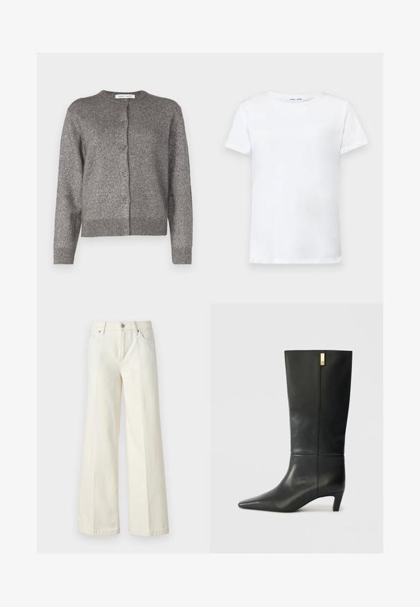 Gray metallic cardigan with a round neckline, button closure, long sleeves, ribbed hem, and a textured fabric finish.; White short-sleeve t-shirt made of cotton with a crew neck design. Smooth texture and straight cut, no patterns or accents.; Wide-leg white jeans made from cotton blend fabric. Features a zipper fly, five-pocket design, and stitching along the seams.; Black leather knee-high boot with a pointed toe and a small heel. Features a sleek design with a gold accent detail. Smooth texture.