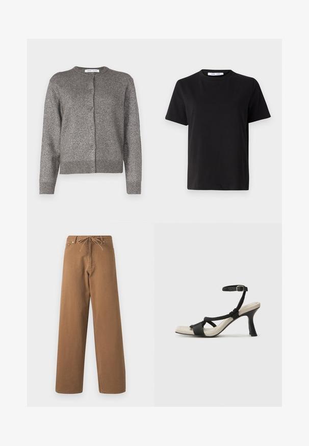Cardigan metalizat gri cu decolteu rotund, închidere cu nasturi, mâneci lungi, tiv cu nervuri și un finisaj din țesătură texturată.; Tricou negru cu manșon scurt, fabricat din bumbac moale, având un guler rotund, o croială lejeră și o textură netedă. Fără modele sau grafice vizibile.; Pantaloni largi maro din bumbac, cu un brâu cu șnur și două buzunare frontale. Material texturat cu un finisaj neted.; Sandal cu toc negru, cu design de curea împletită, vârf pătrat și curea de gleznă ajustabilă. Tălpică de un bej deschis și toc negru lucios.