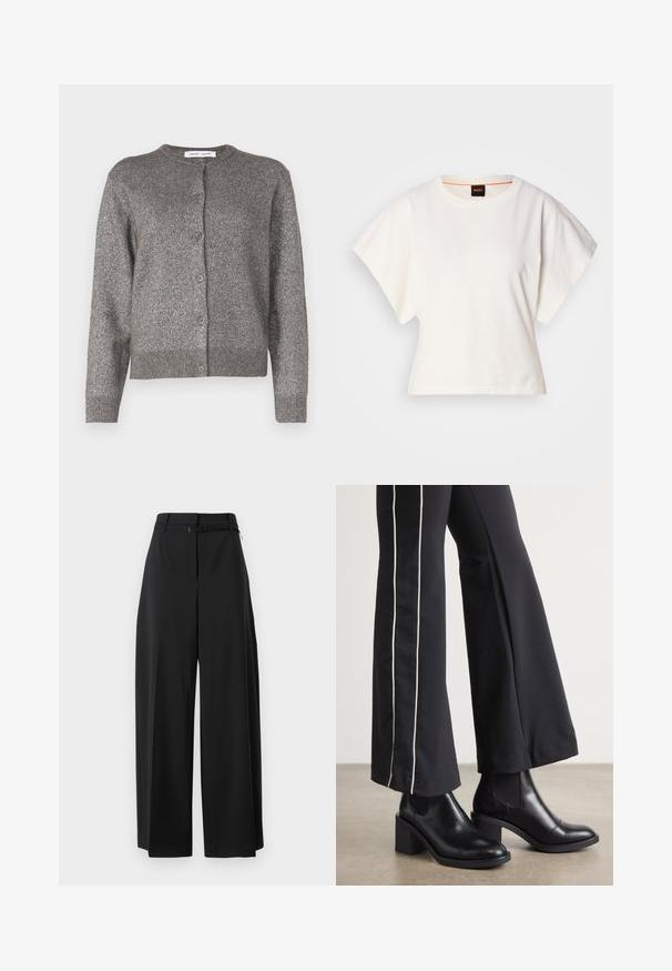 Grauer metallischer Cardigan mit Rundhalsausschnitt, Knopfverschluss, langen Ärmeln, geripptem Saum und strukturierter Stoffoberfläche.; Weißes, kurzes T-Shirt, kurze weite Ärmel, weicher Baumwollstoff, runder Ausschnitt mit subtilen orangefarbenen Akzenten, minimales Design, keine Muster oder Grafiken.; Schwarze weite Hose mit hohem Bund und Gurt. Sie hat eine glatte Textur und klare Linien und ist für eine lockere Passform konzipiert.; Schwarze Lederstiefeletten mit einem Blockabsatz, ausgestattet mit elastischen seitlichen Einsätzen. Kombiniert mit schwarzen Hosen, die einen weißen Seitenstreifen haben.