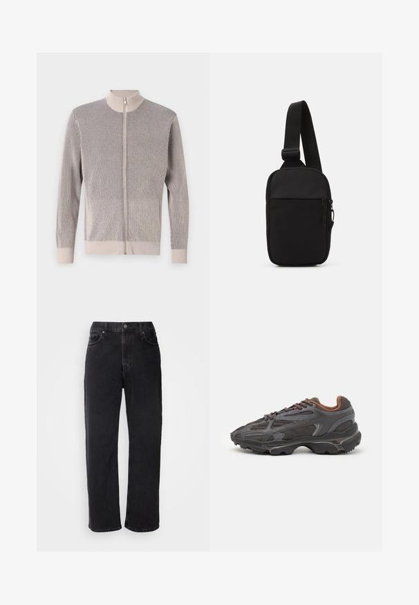 Zābaks ar rāvējslēdzēju teksturētā adījumā, ar augstu apkakli, garām piedurknēm un svītru rakstu bēšā un jūras zilā krāsā.; Divas melnas kokvilnas t-krekli ar īsām piedurknēm un apkakli. Abiem ir sarkans zīmola uzlīmējums pie apkakles. Vienkāršs, klasisks dizains.; Melni džinsi ar taisnu griezumu, piecām kabatām un kontrastējošām šuvēm. Aprīkoti ar pogu aizdari un jostas cilpiņām uz jostasvietas.; Lacoste kedas tumši pelēkā krāsā ar acu audumu un sintētisko materiālu, ar teksturētu zoli un brūniem akcentiem apkaklītē un zīmola uzrakstā.; Melnā krusta soma, kas izgatavota no izturīga auduma, ar vienu regulējamu siksnu, ar rāvējslēdzēju galveno nodalījumu un priekšējo kabatu.