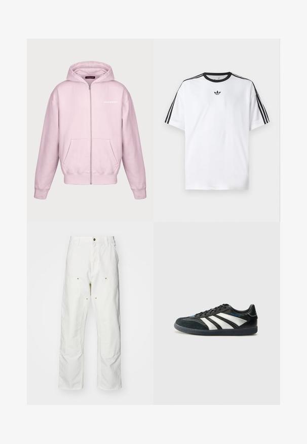 Pegador LOGO - Sweatshirt com capuz - washed bubblegum; Camiseta branca em algodão, com gola redonda preta e três riscas pretas em cada ombro. Pequeno logótipo preto no peito.; Calças cargo brancas em algodão com um corte descontraído. As características incluem bolsos frontais, detalhes em metal dourado e áreas de joelhos reforçadas.; adidas Performance PREDATOR FREESTYLE JUDE INDOOR FOOTBALL SHOES - Botas de futebol de salão - core black/silver-coloured/glory blue